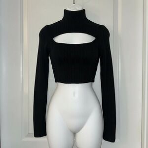 New S Black Ribbed Long Sleeve Mock Neck Cutout Crop Sweater Top Blouse Stretchy